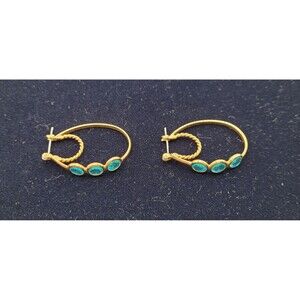 Concentric Circle Gold Toned Hoop Earrings w/Turquoise Blue Stones